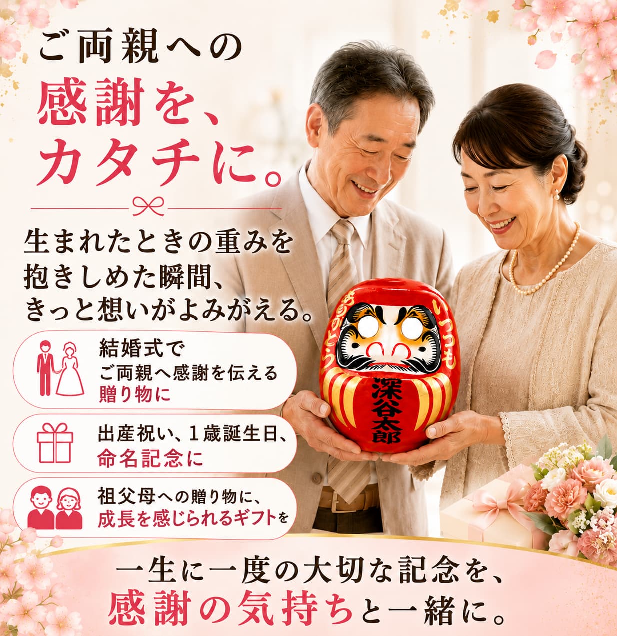 結婚式の両親贈呈品や祖父母への贈り物に使えるウエイトだるまの説明画像